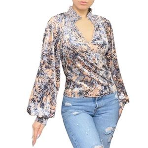 Free People Blue Tan Velvet Boho Peasant Top Bishop Sleeve Blouse size XS